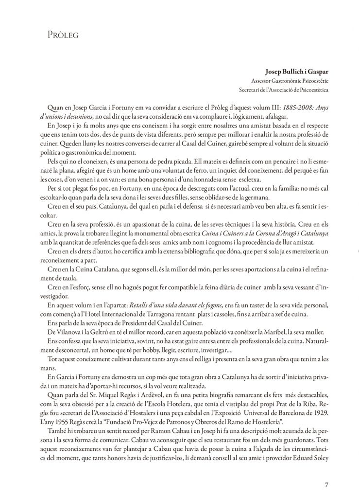 Pròleg volum III Josep Bullich i Gaspar - Cuina i Cuiners a Catalunya