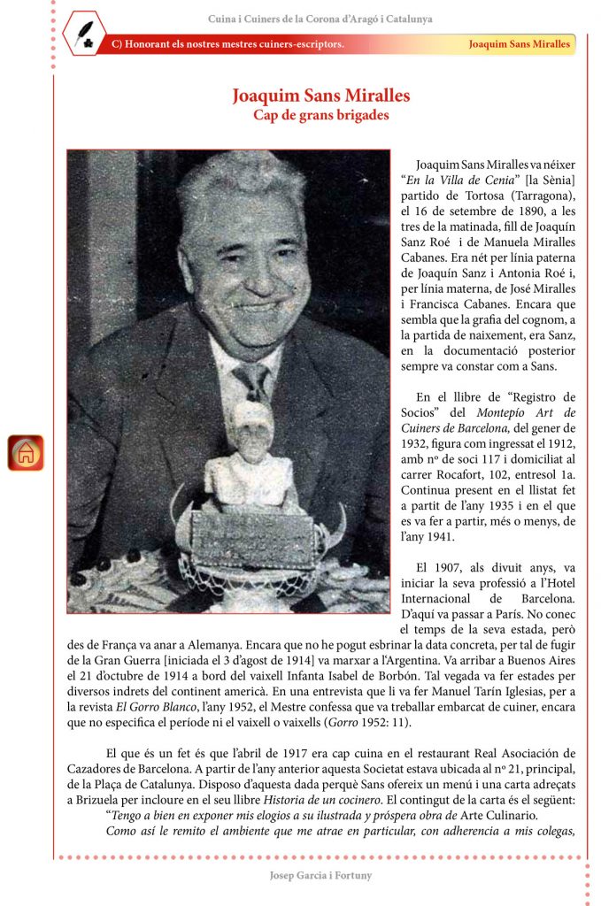 Cuina i Cuiners a la Corona d’Aragó i Catalunya - Volum II - “Honorant els Mestres cuiners-escriptors”: Joaquim Sans Miralles