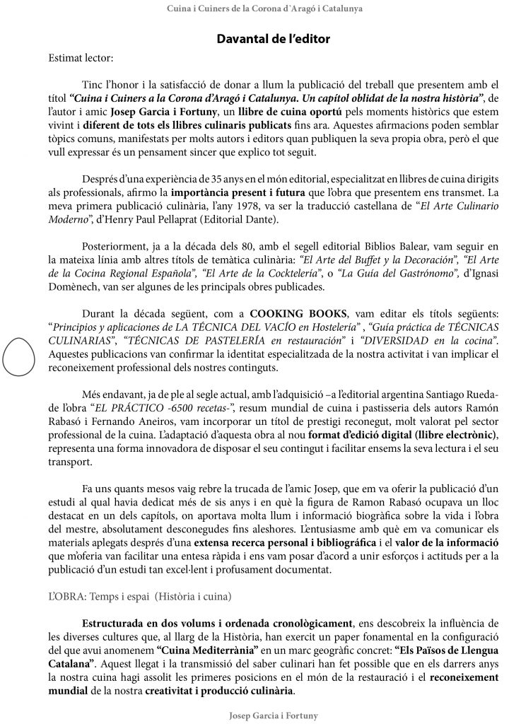 Davantal de l'editor del llibre Cuina i Cuiners a la Corona d’Aragó i Catalunya - volum I